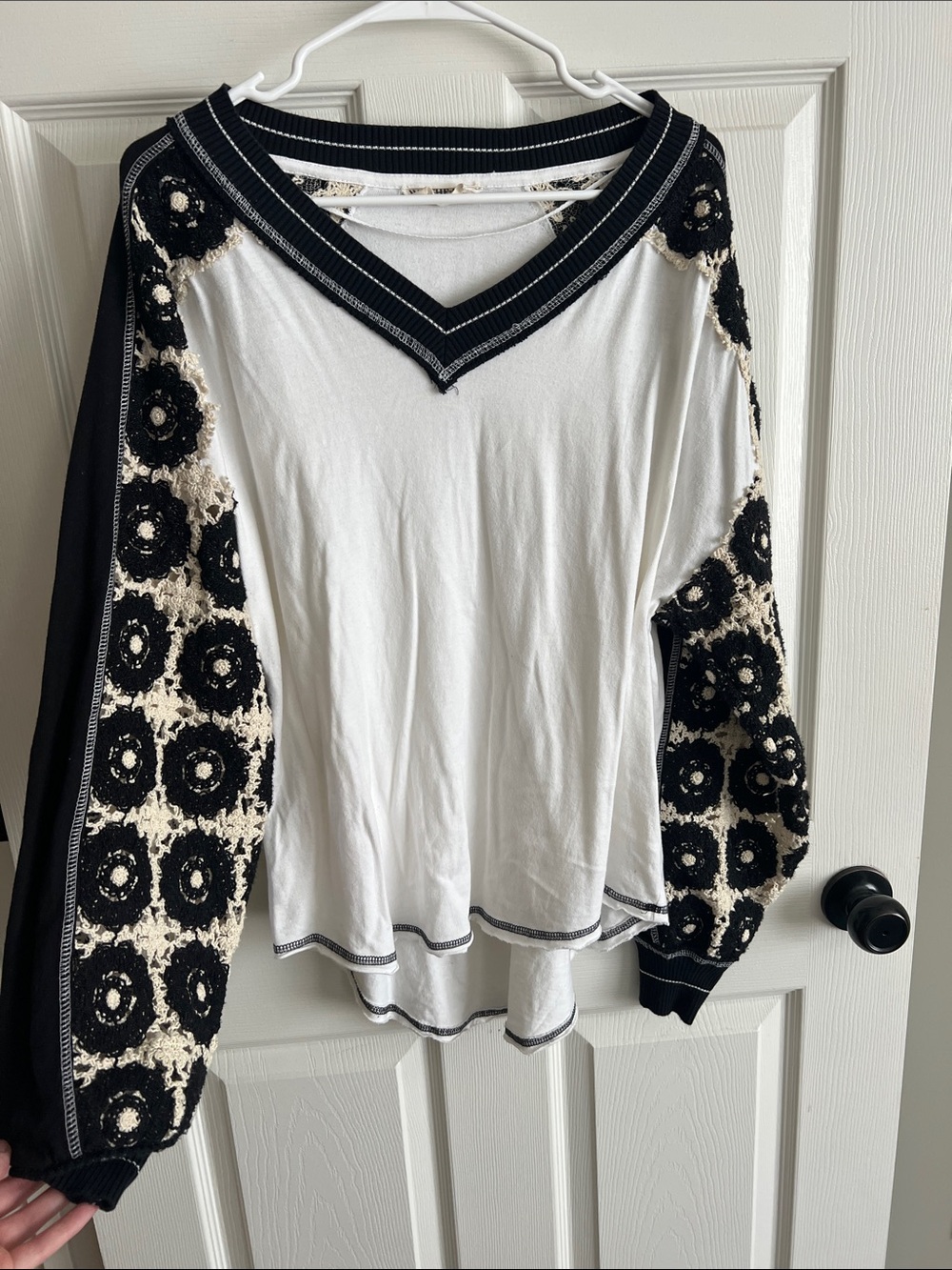 We the Free Oceanside Long Sleeve- Black and White Crochet sleeves
